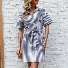 Women's new polo neck short sleeve striped dress