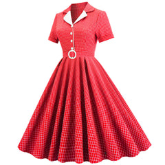 A-Z Women's New Neckline Open plaid Elastic Slim Fit Lace up Large Swing Mid length Vintage Dress