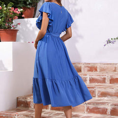 Women's New Lace Up Waist Flying Sleeve Long Dress