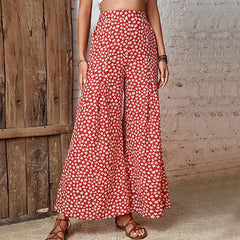 Red pants High waist floral flared wide leg pants Female