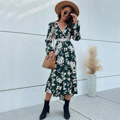 Women's New Ruffle Long Sleeve Printed Irregular Dress