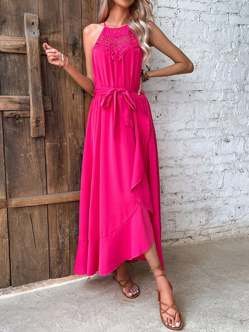 Women's New Rose Red Hanging Neck Irregular Style Long Dress