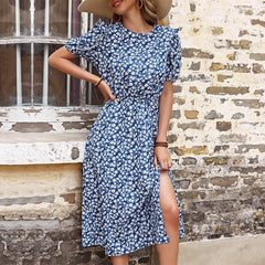 Women's new split floral blue dress