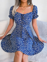 Women's new style sleeve drawstring lace up floral large swing dress