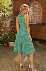 Women's New Summer Green Print Sleeveless Waist Wrapped Dress