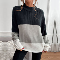 Women's new color contrast long sleeve high neck sweater