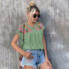 Women's new lace up collar embroidered fringe top