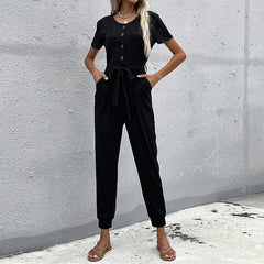 Women's new belt black leggings cropped jumpsuit