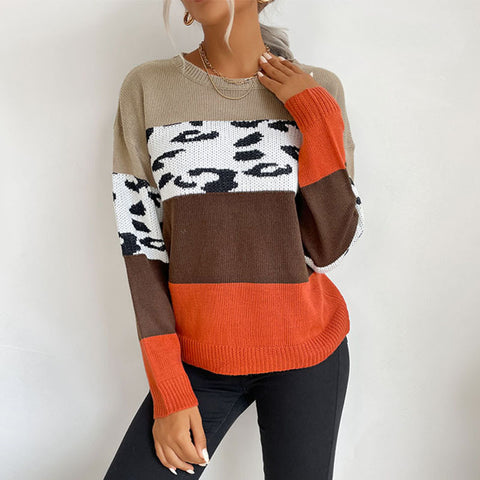 Women's new leopard print color blocking long-sleeved sweater