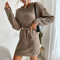 Women's New Lace Up Solid Color Long Sleeve Woolen Dress