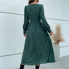 Women's New Green Long Sleeve Leopard Print Long Dress