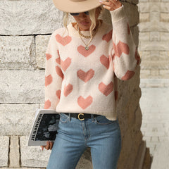 Women's new casual love long-sleeved pink sweater