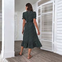 Women's new green printed medium length dress