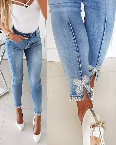 A-Z Women's New Slim Fit Show Legs Long Butterfly Sticky Flower Studded Jeans Pencil Pants Split Small Feet Pants