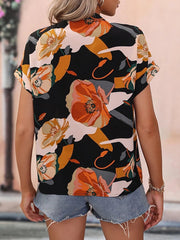 A-Z Women's New Fashion Painted Flower Print V-neck Short Sleeve Women's Top