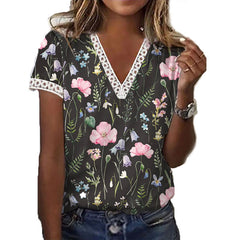 Women's new printed V-neck short sleeve T-shirt