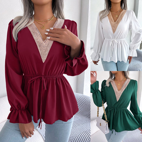 Women's new casual V-neck lace up waist ruffled chiffon shirt