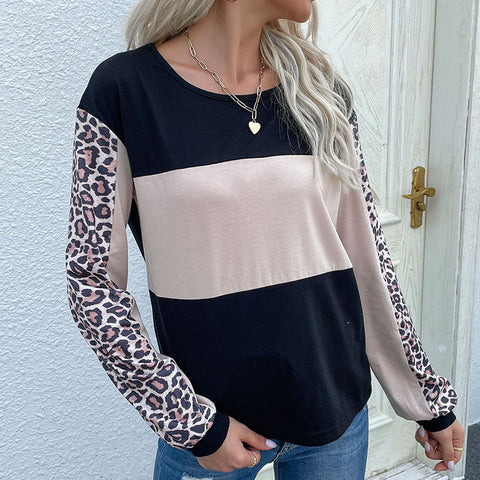 Women's new leopard pattern patchwork long sleeve T-shirt