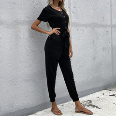 Women's new belt black leggings cropped jumpsuit