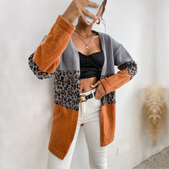 Women's new leopard print contrast color long sleeve cardigan sweater