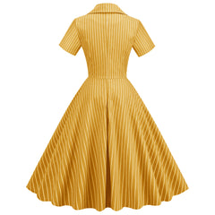 A-Z Women's New High Waist Striped Short Sleeve Waist Large Swing Mid length Vintage Dress