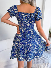 Women's new style sleeve drawstring lace up floral large swing dress