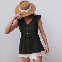 Women's New Casual Loose Fit Cotton Linen Top Green Sleeveless V-Neck T-shirt