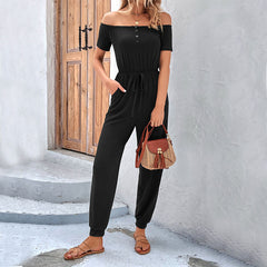 Women's Solid Flat Neck Off Shoulder Jumpsuit