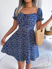 Women's new style sleeve drawstring lace up floral large swing dress