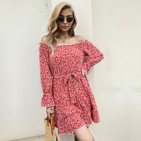 Women's New Fragmented Flowers Long Sleeve Off Shoulder Off Shoulder Dress