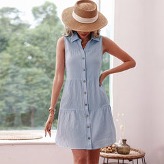 Women's new fashion pleated sleeveless blue dress