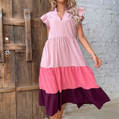 Women's New V-Neck Panel Color Ruffle Sleeve Dress