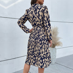 Women's new pleated printed long sleeve dress