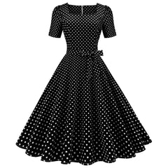 A-Z Women's New Square Neck Short Sleeve Polka Dot Print Waist Wrap Dress