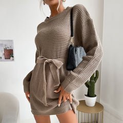 Women's New Lace Up Solid Color Long Sleeve Woolen Dress