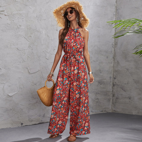 Women's New Hanging Neck Sleeveless Waist Wide Leg Jumpsuit