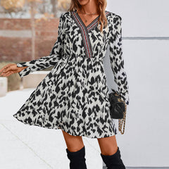 Women's new V-neck long sleeve printed dress