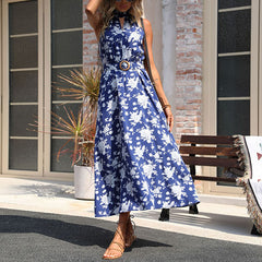 Women's new printed blue neck dress