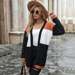 Women's new long sleeve color contrast sweater cardigan