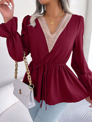 Women's new casual V-neck lace up waist ruffled chiffon shirt