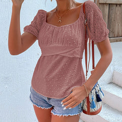 Women's New Lace Panel Chiffon Shirt Square Neck Short Sleeve White Shirt