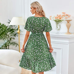 Women's New Style Temperament Printed Bow Neck Round Waist Women's Dress