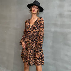 Women's Fashion Spring Women's Long Sleeve V-Neck Leopard Print Dress