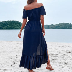 Women's new ruffled irregular blue dress