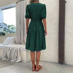 Women's new lace up V-neck green pleated dress