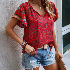 Women's New Casual Loose V-neck Printed Short Sleeve Shirt