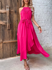 Women's New Rose Red Hanging Neck Irregular Style Long Dress