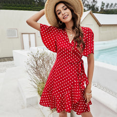 Women's new V-neck red polka dot one piece dress