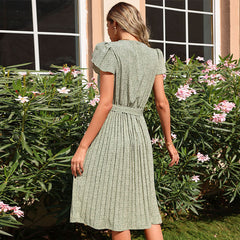 Women's new summer printed green pleated V-neck dress