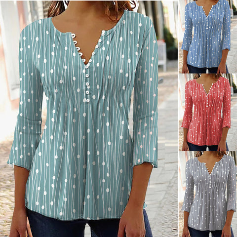 Women's new V-neck printed long-sleeved shirt